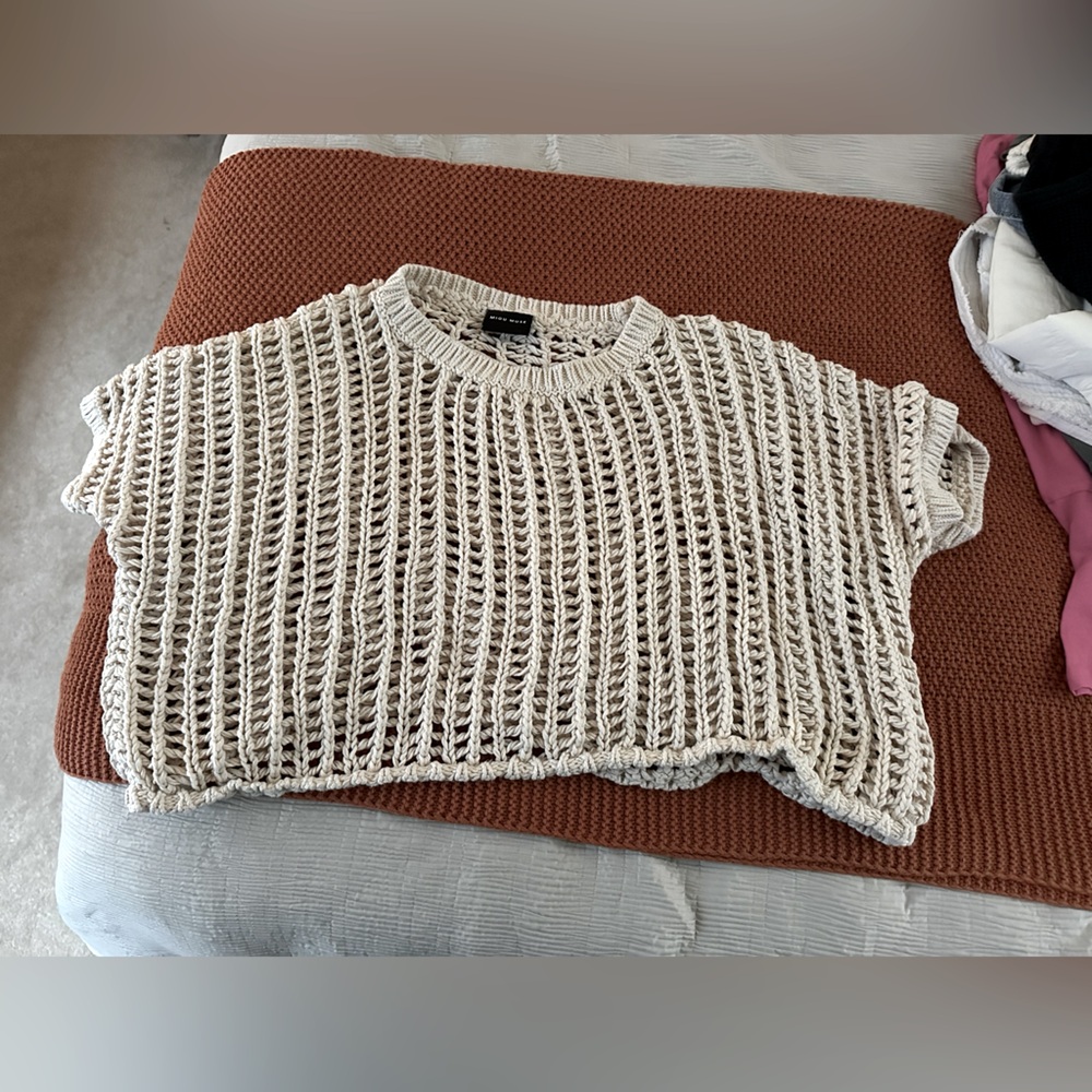 Miou Muse open knit cream short sleeve sweater